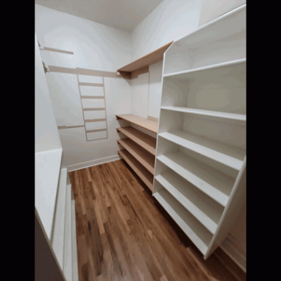 Closet shelving by Kaufman Specialties.